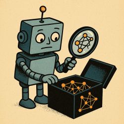 Ilustracja robota patrzącego przez lupę na schemat sieci neuronowej w czarnej skrzynce.