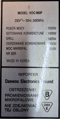 Naklejka informacyjna mikrofalówki Daewoo model KOC-960P