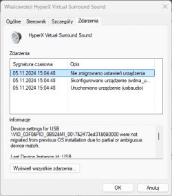 Screenshot of HyperX Virtual Surround Sound device settings in Windows with a message about settings not migrated.
