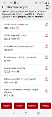 Zrzut ekranu „Strumień danych” ECM z wartościami ciśnień i regeneracji filtra cząstek stałych