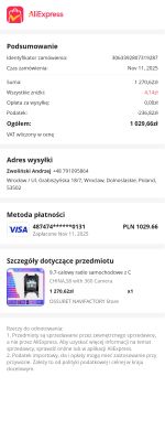 Podsumowanie zamówienia radia samochodowego Android 14 S8 z AliExpress