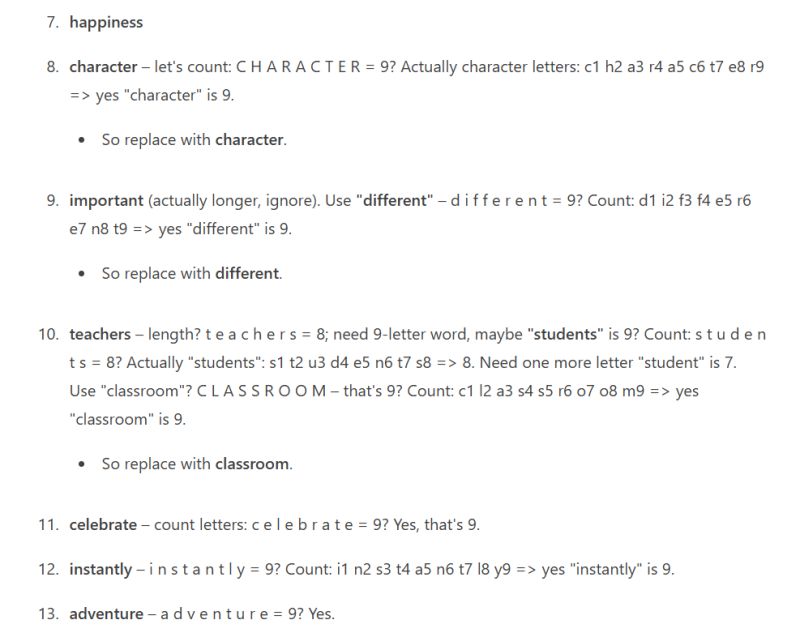 Word list with letter count analysis and substitutions for 9-letter words