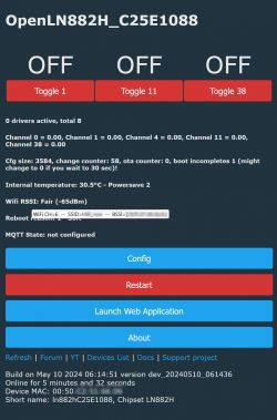 User interface page displaying network and device configuration details for OpenLN882H_C25E1088.