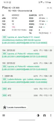 Zrzut ekranu aplikacji pokazującej szczegóły połączenia sieciowego LTE i lokalizacje masztów.