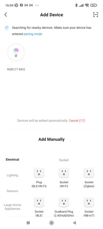 Adding RGB/CCT Bulb in Tuya App Device addition screen in the Tuya app with a colorful RGB/CCT bulb.