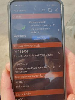 Wyświetlacz urządzenia diagnostycznego pokazujący kody usterek samochodu.