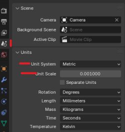 Blender unit settings with metric system and scale set to 0.001