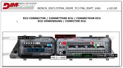 View of BOSCH EDC17CP04 ECU connector with labeled pins: GPT0, GPT1, ground, +12V power, and CAN L and CAN H lines.