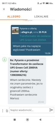 Zrzut ekranu z aplikacji Allegro przedstawiający rozmowę dotyczącą transformatora do zasilacza UPS Green Cell 2000VA.
