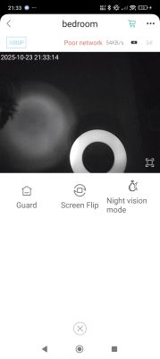 Bedroom night vision camera with illuminated ring Night vision camera view of bedroom with light ring and blurry shape beside it.