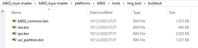 Screenshot of a folder with four BIN files from the BL602 project.