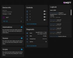 MQTT software interface displaying device information and logs.