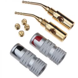 Złącza bananowe z nakrętkami i uchwytami.