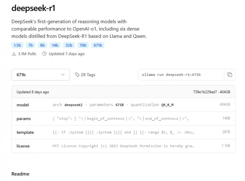 DeepSeek-R1 Screenshot on Ollama Website Screenshot of the DeepSeek repository on the Ollama website, displaying the deepseek-r1 model with details about parameters and licensing.