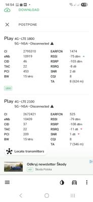 Zrzut ekranu z aplikacji pokazującej parametry sieci LTE 1800 i LTE 2100 operatora Play