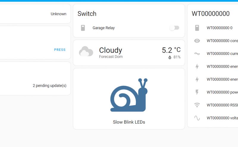 Slow Blink LEDs Button on Home Assistant Dashboard Home Assistant dashboard with Slow Blink LEDs button featuring a snail icon.