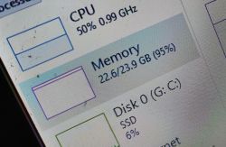 RAM Usage at 22.6 GB RAM usage showing 22.6 GB out of 23.9 GB available on a monitor screen.