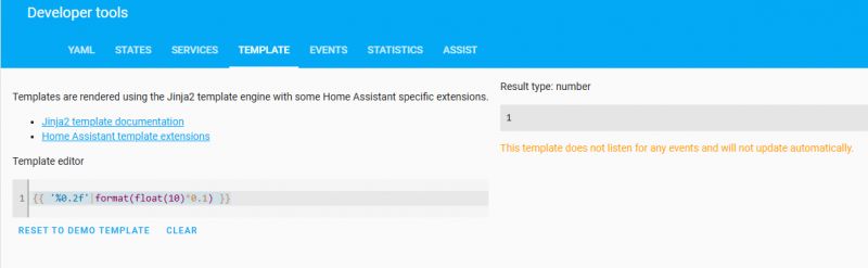 Template Editor in Home Assistant Screenshot of Home Assistant developer tools showing the template editor.