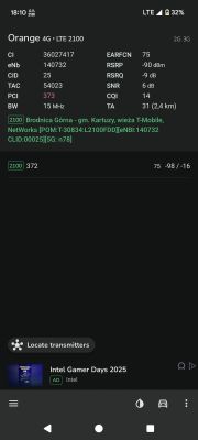 Pomiar sygnału LTE 2100 MHz sieci Orange z aplikacji NetMonster.