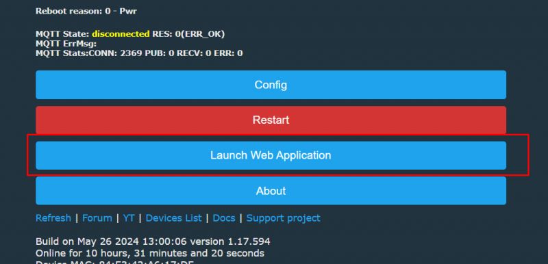 Screenshot of a user interface with buttons Config, Restart, and Launch Web Application.