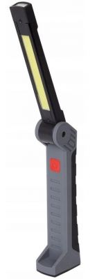 Szara lampka z czarnym, regulowanym ramieniem i czerwonym przyciskiem zasilania.