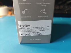 Woolley SA-032 Smart Plug Packaging Photo of Woolley SA-032 smart plug packaging with manufacturer information.