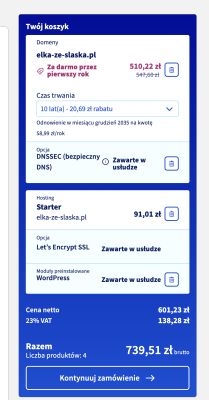 Koszyk OVH z domeną elka-ze-slaska.pl i hostingiem Starter z SSL i WordPressem