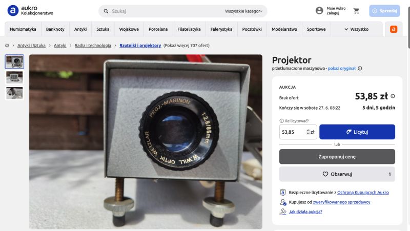 Zrzut ekranu aukcji z projektorem z obiektywem „Proj. Maginon 1:2.8/85mm”