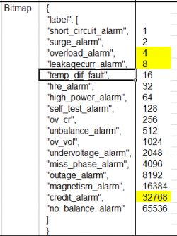 Screenshot of a list of alarms with corresponding binary values.