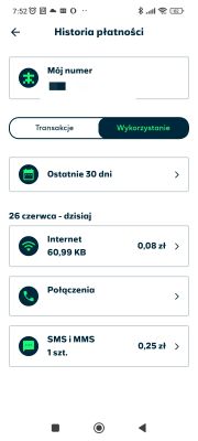 Screenshot of an app showing payment history and phone usage.