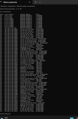 Zrzut ekranu z wiersza polecenia Windows pokazujący listę aktywnych połączeń TCP uzyskanych za pomocą polecenia netstat -a -p TCP.