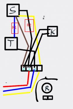 Schemat połączeń elektrycznych z oznaczeniami R1 i R2, pokazujący jak podłączyć rezystory szeregowo z silnikiem.