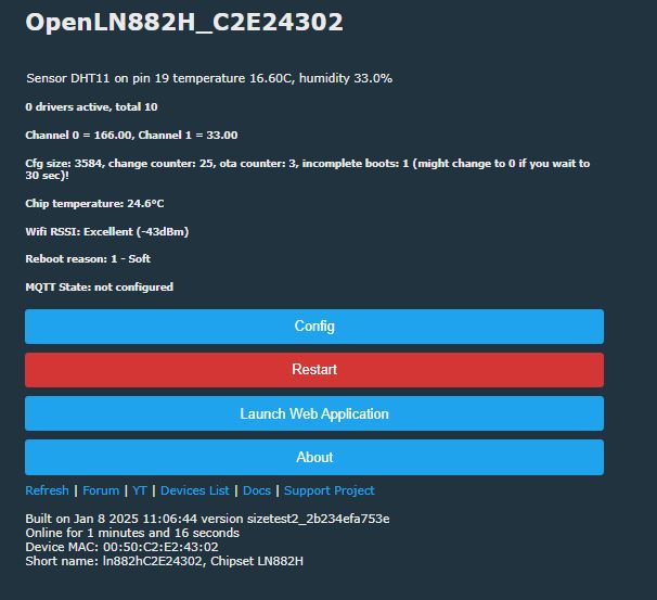 Screenshot of the OpenLN882H interface with temperature and humidity data.