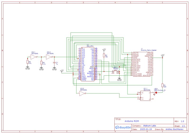 Schemat układu Arduino jako emulacja pamięci EPROM z procesorem Z80.