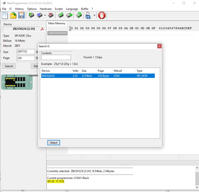 NeoProgrammer screenshot with “Search IC” window showing detected EN25QH32 memory chip