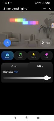 Screenshot of “Smart panel lights” app with brightness slider and Color, Music, Scene, DIY modes.