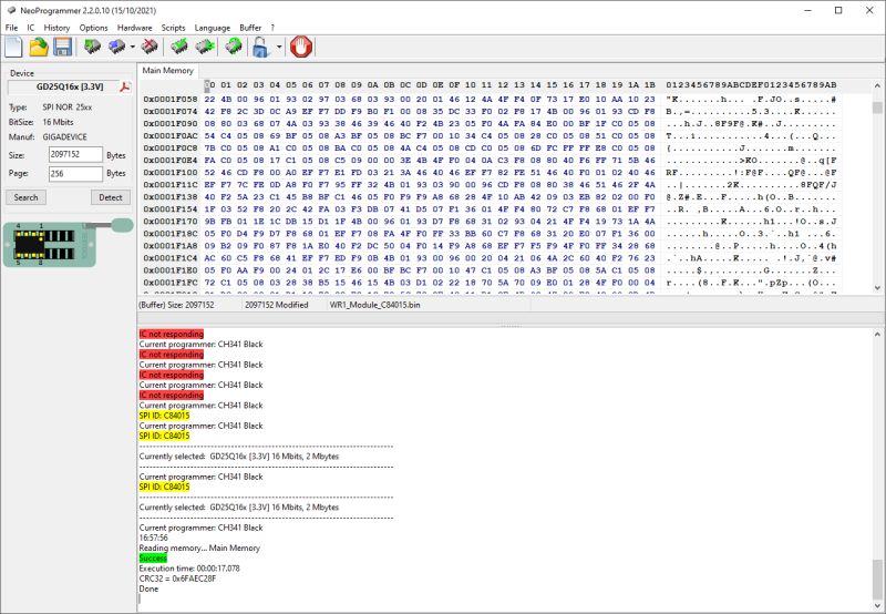 NeoProgrammer screenshot showing SPI memory hex dump and log with “IC not responding” and “Success”