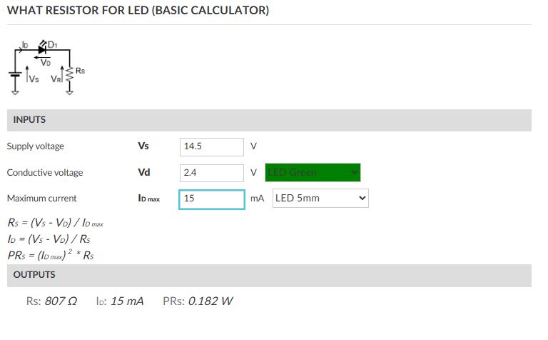 LED resistor calculator with values: 14.5 V supply, 2.4 V drop, 15 mA current