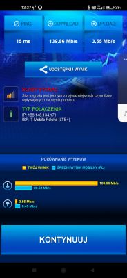 Wynik testu prędkości internetu od T-Mobile z pokazanym słabym sygnałem.