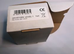 White cardboard box with a label indicating mH-IO12E6 LEVEL 1 and a barcode.