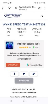 Zrzut ekranu wyniku testu prędkości internetu na stronie speedtest.pl pokazujący ping 22 ms, pobieranie 148.61 Mb/s i wysyłanie 19.44 Mb/s.