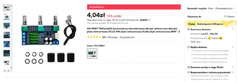 Widok strony produktu na AliExpress z opisem płyty wzmacniacza audio.