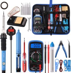 Soldering tool kit containing a soldering iron, multimeter, desoldering pump, and various accessories.