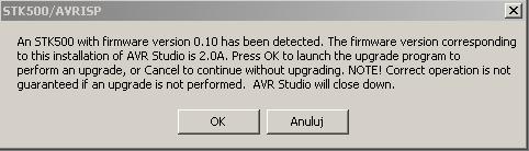STK500 - nieodpowiedni firmware v0.10 zamiast 2.0A dla AVR Studio 4