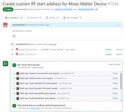 GitHub: Pull Request for Moes Matter Device Screenshot from GitHub showing a pull request with all tests successfully passed.