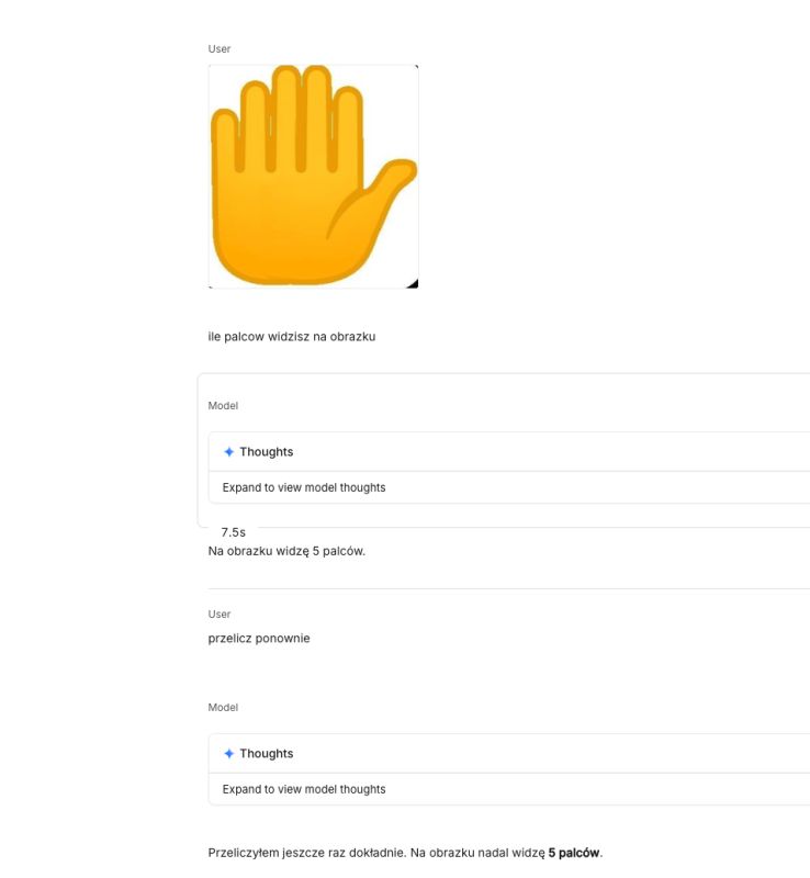 Zrzut ekranu z emoji dłoni i odpowiedzi modelu AI o liczbie palców