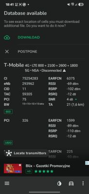 Zrzut ekranu z aplikacji pokazującej parametry sieci LTE T-Mobile z pasmami 800, 1800, 2100 i 2600 MHz