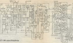 Schemat elektroniczny oscyloskopu C1-94 z zaznaczonymi napięciami i komponentami