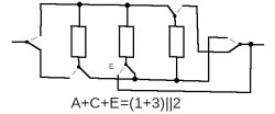 Schemat obwodu elektrycznego z oznaczeniami A, C, E z równaniem A+C+E(1+3)||2