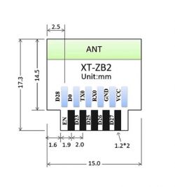 XT-ZB2 Module Pin Diagram Diagram of the XT-ZB2 module with pins and dimensions
